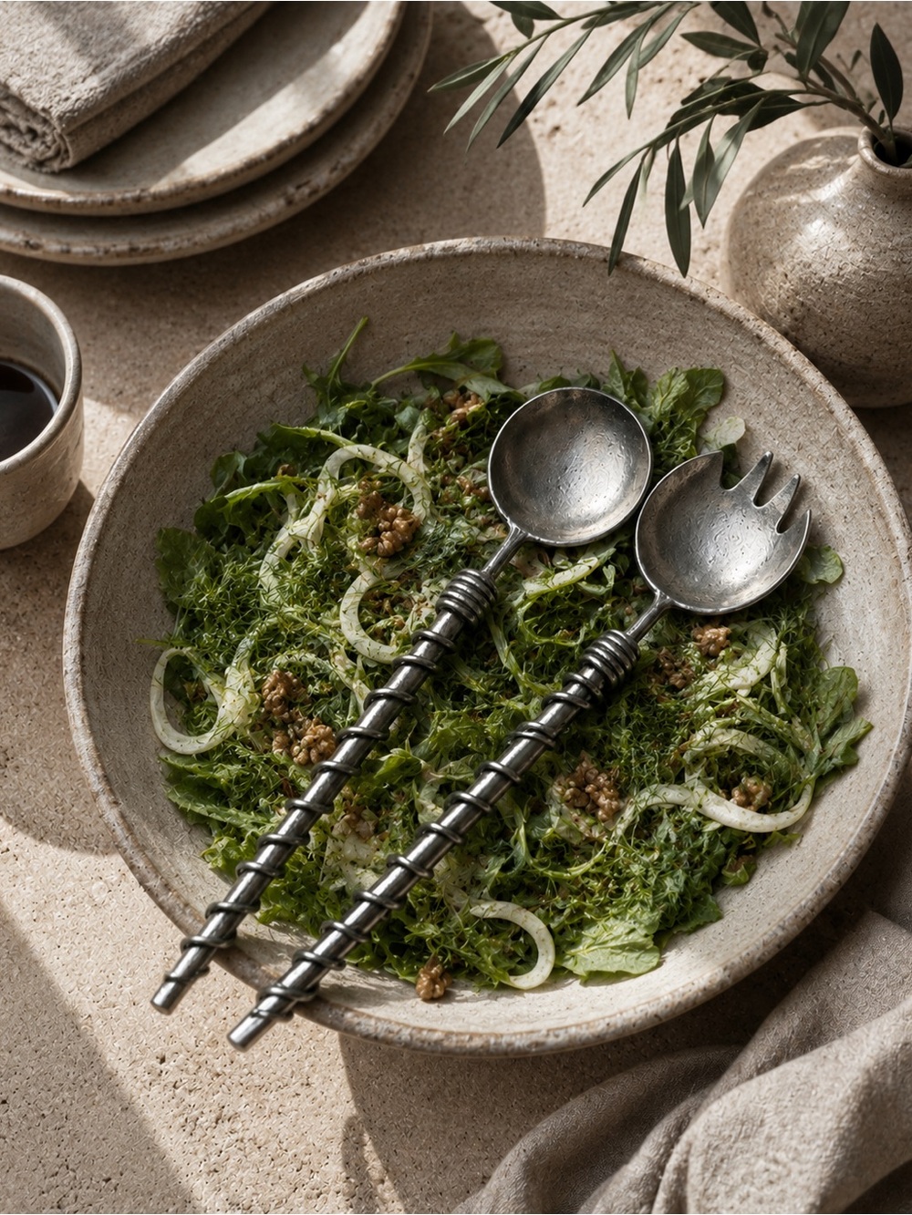 Artisan Handmade 2-pcs Spiral-Wrapped Metal Salad Servers Rustic Serving#0701265